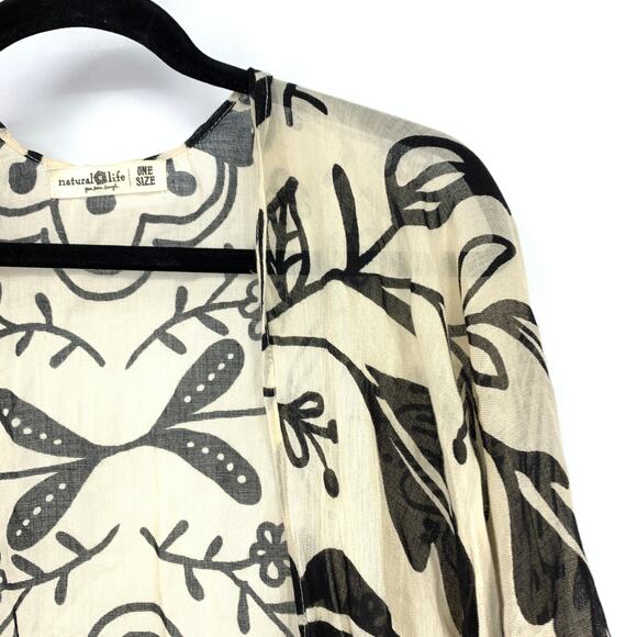 Natural Life Womens OS Tassel Trim Kimono Black Beige Botanical Floral Print - Picture 3 of 6